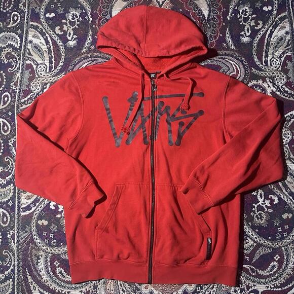 Y2K Vans Men’s Red Full-Zip Hoodie Black Script Logo Skater Size Large - Picture 1 of 11